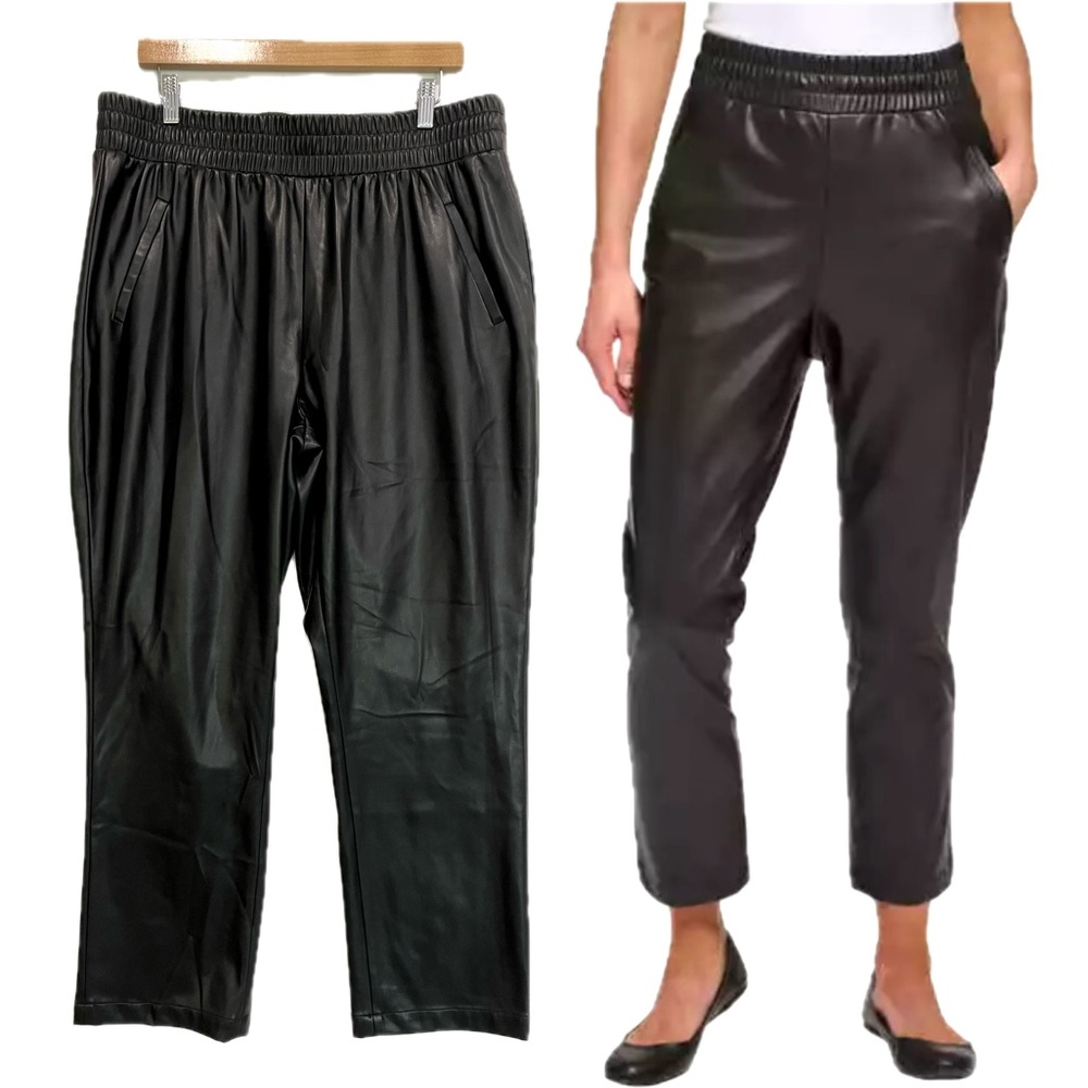 NWT DKNY Black Faux Leather Pants Womens Size XL Pull On Cropped Ankle Joggers